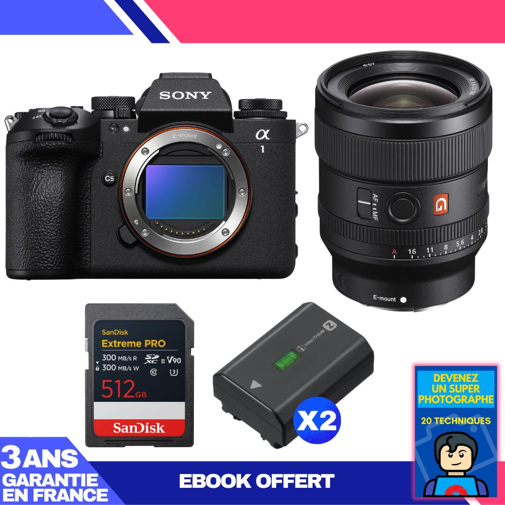 Sony Alpha 1 II Body + FE 24mm f/1.4 GM Lens + 1 SanDisk 512GB Extreme PRO UHS-II SDXC Card + 2 Sony NP-FZ100 Batteries + 'Devenez Un Super Photographe Ebook
