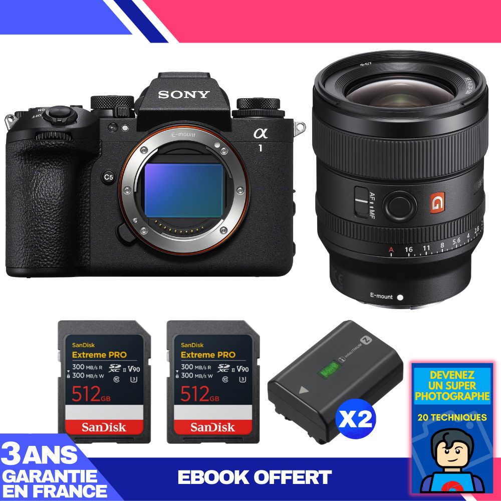 Sony Alpha 1 II Camera Body + FE 24mm f/1.4 GM Lens + 2x SanDisk 512GB Extreme PRO UHS-II SDXC Cards + 2x Sony NP-FZ100 Batteries + Ebook 'Become a Super Photographer'