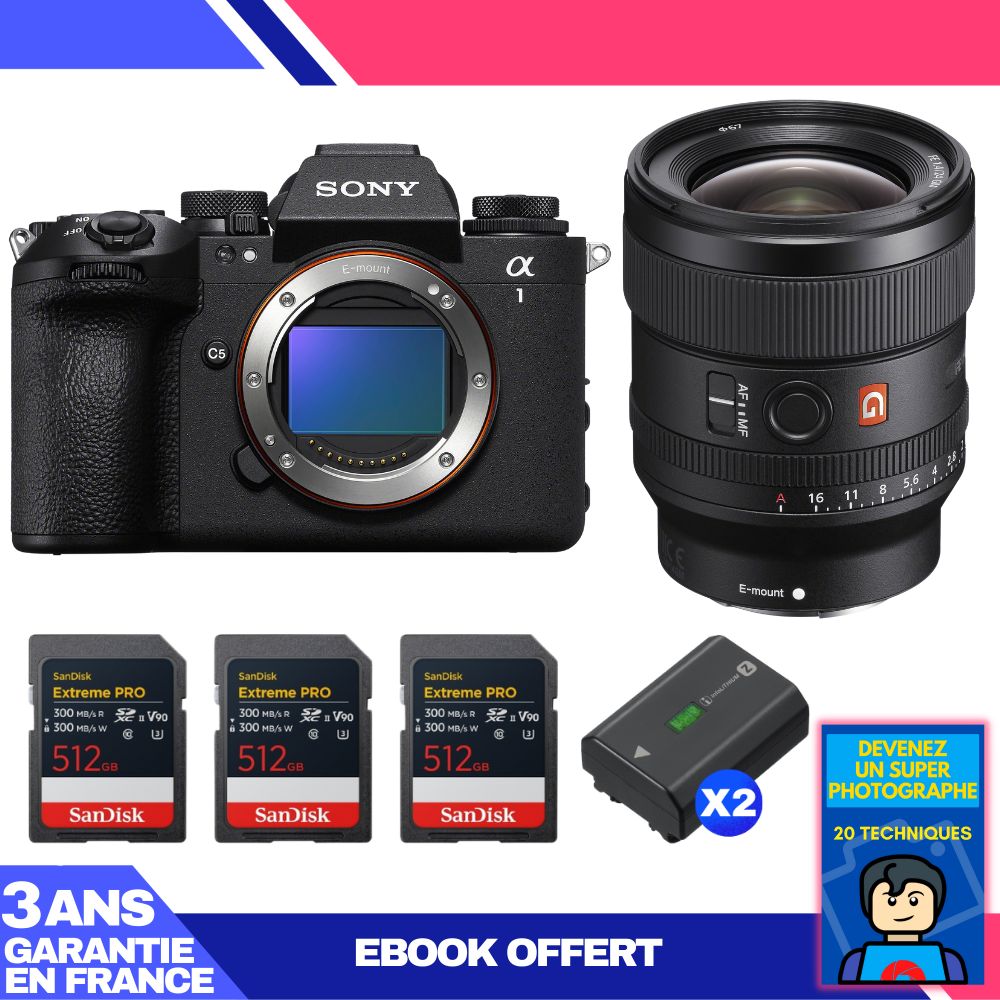 Sony Alpha 1 II Camera Body + FE 24mm f/1.4 GM Lens + 3 SanDisk 512GB Extreme PRO UHS-II SDXC Cards + 2 Sony NP-FZ100 Batteries + Ebook 'Devenez Un Super Photographe
