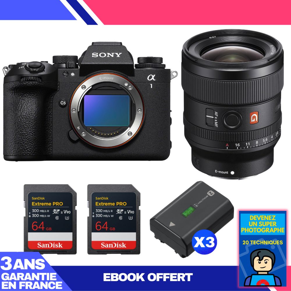 Sony Alpha 1 II Body + FE 24mm f/1.4 GM Lens + 2 SanDisk 64GB Extreme PRO UHS-II SDXC Cards + 3 Sony NP-FZ100 Batteries + Ebook 'Devenez Un Super Photographe