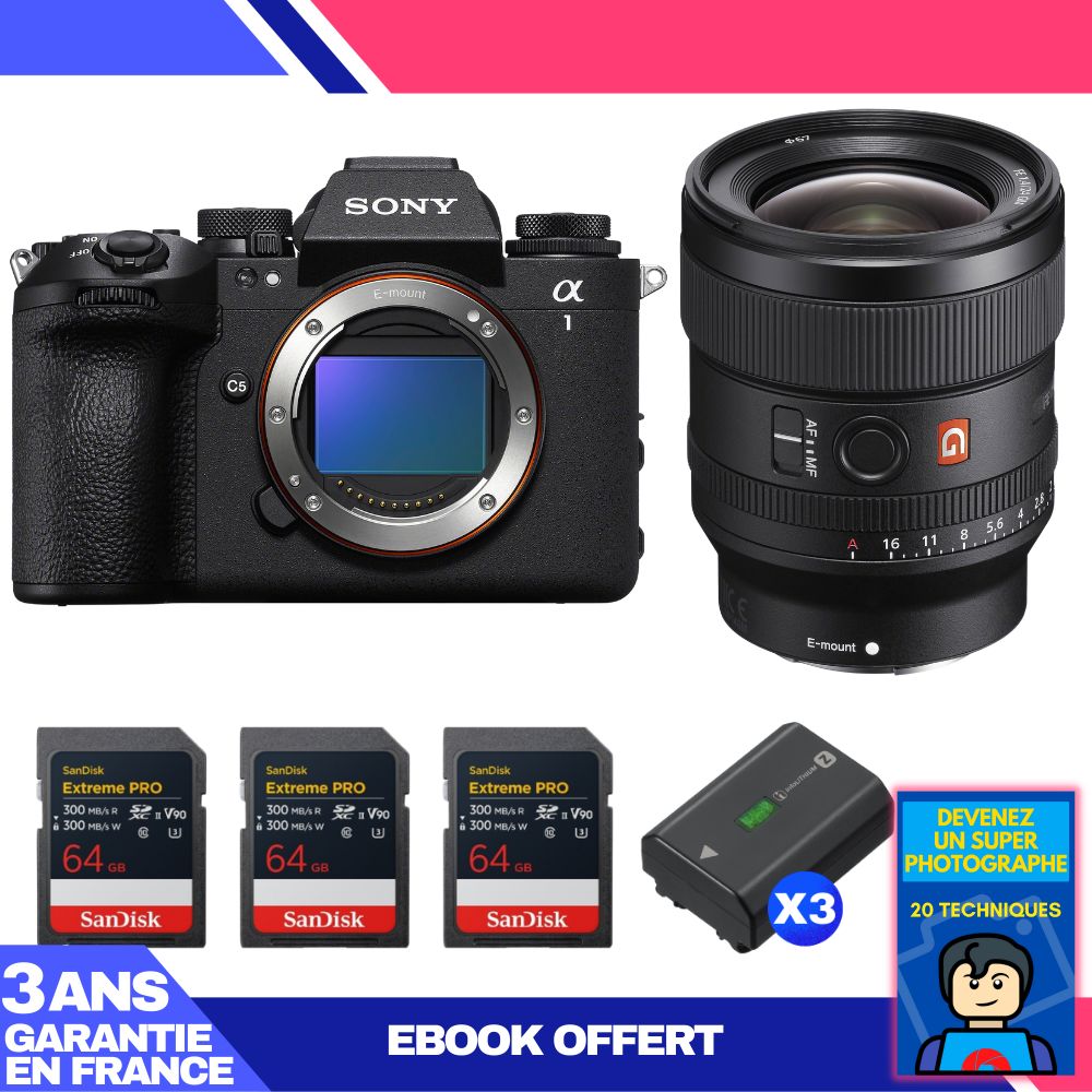 Sony Alpha 1 II Body + FE 24mm f/1.4 GM Lens + 3 SanDisk 64GB Extreme PRO UHS-II SDXC Cards + 3 Sony NP-FZ100 Batteries + 'Devenez Un Super Photographe Ebook