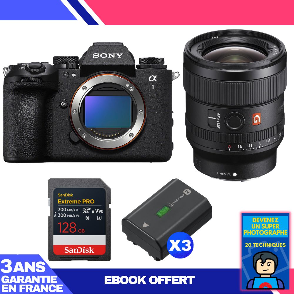 Sony Alpha 1 II Camera Body + FE 24mm f/1.4 GM Lens + 1 SanDisk 128GB Extreme PRO UHS-II SDXC Card + 3 Sony NP-FZ100 Batteries + 'Become a Super Photographer' Ebook
