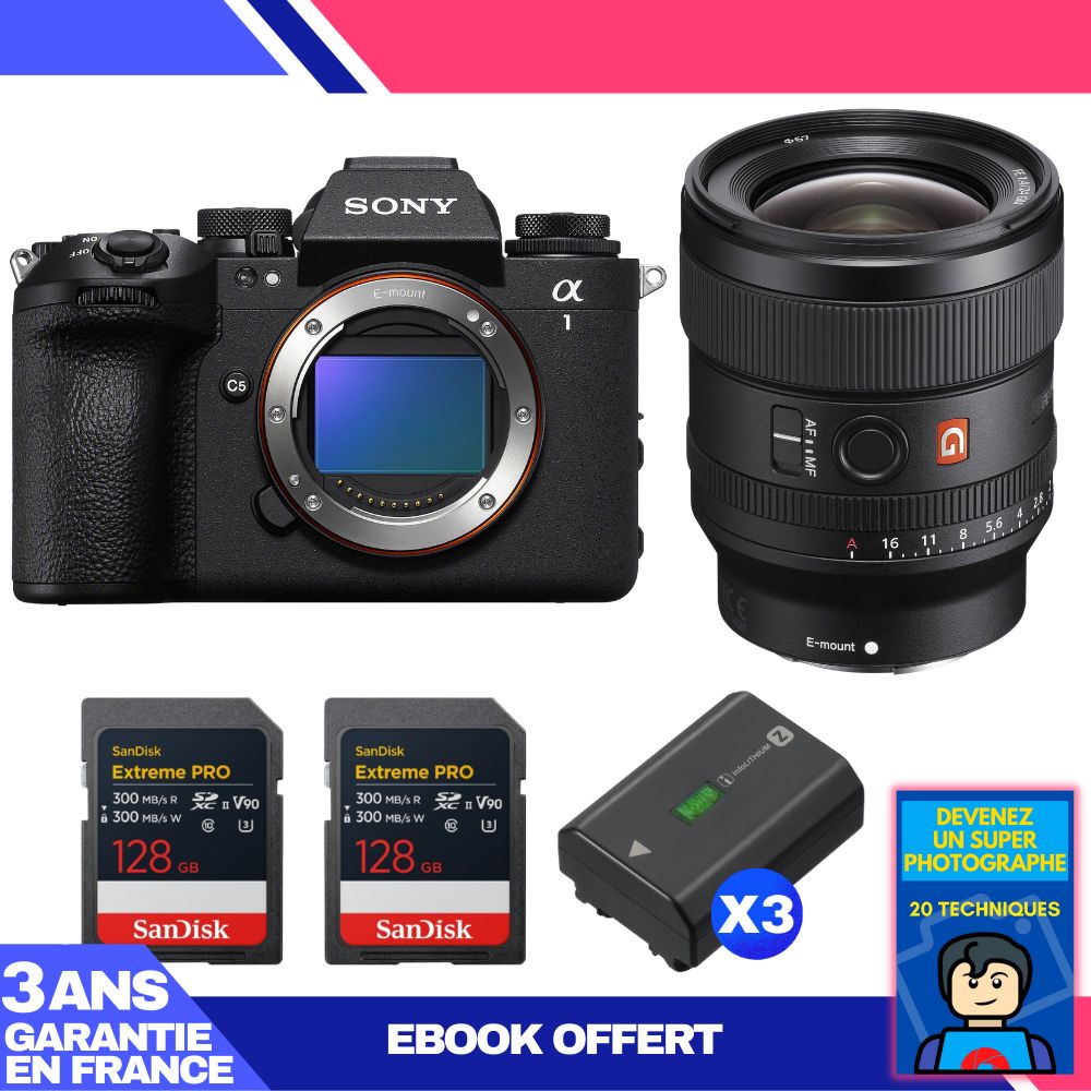 Sony Alpha 1 II Body + FE 24mm f/1.4 GM Lens + 2 SanDisk 128GB Extreme PRO UHS-II SDXC Cards + 3 Sony NP-FZ100 Batteries + Ebook 'Devenez Un Super Photographe