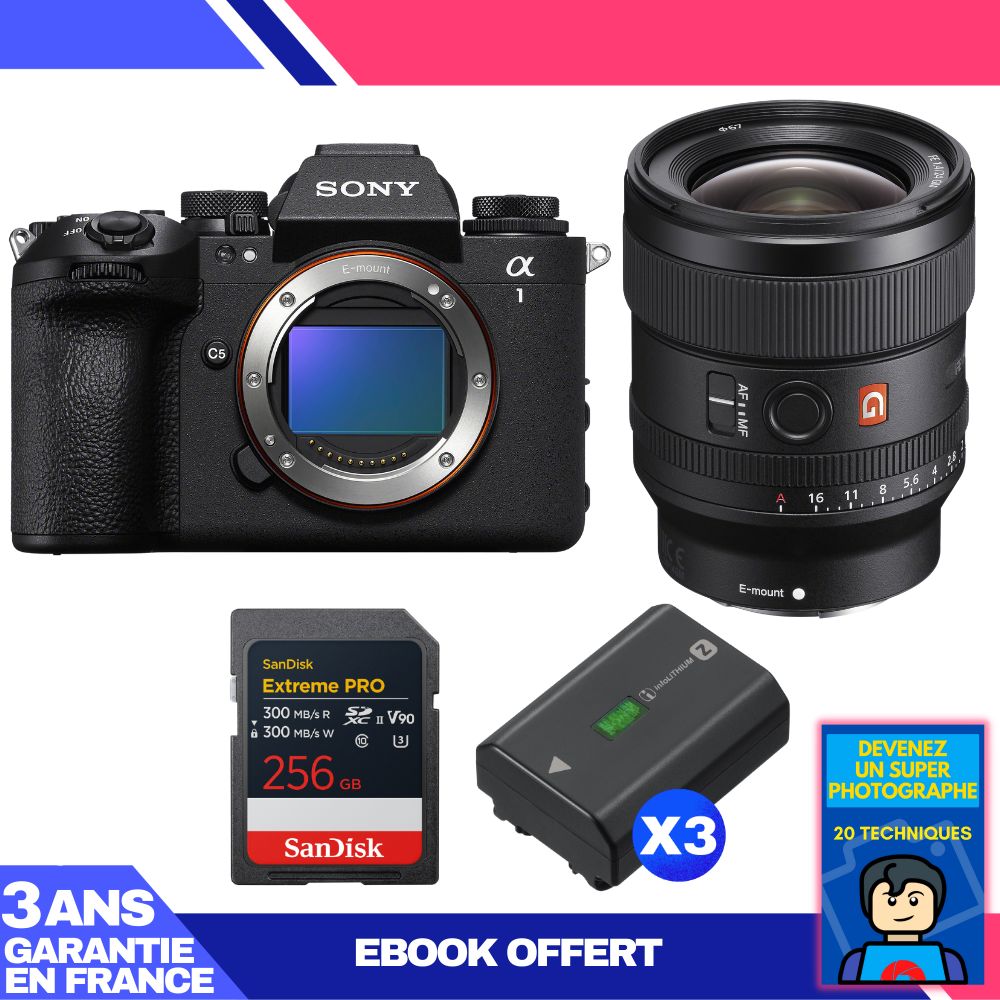 Sony Alpha 1 II Camera Body + FE 24mm f/1.4 GM Lens + 1 SanDisk 256GB Extreme PRO UHS-II SDXC Card + 3 Sony NP-FZ100 Batteries + Ebook 'Devenez Un Super Photographe