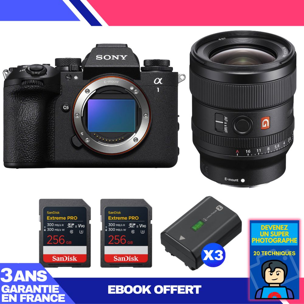 Sony Alpha 1 II Camera Body + FE 24mm f/1.4 GM Lens + 2 SanDisk 256GB Extreme PRO UHS-II SDXC Cards + 3 Sony NP-FZ100 Batteries + Ebook 'Become a Super Photographer'