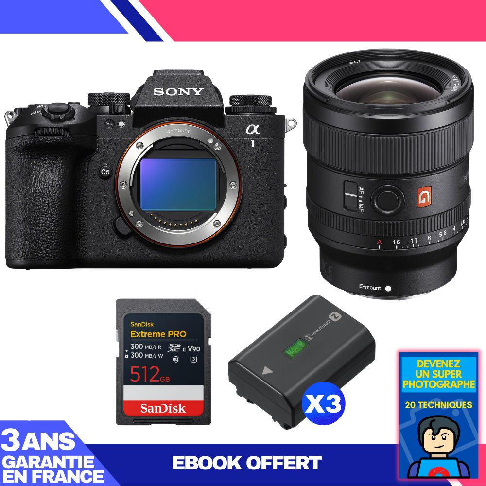 Sony Alpha 1 II Camera Body + FE 24mm f/1.4 GM Lens + 1 SanDisk 512GB Extreme PRO UHS-II SDXC Card + 3 Sony NP-FZ100 Batteries + Ebook