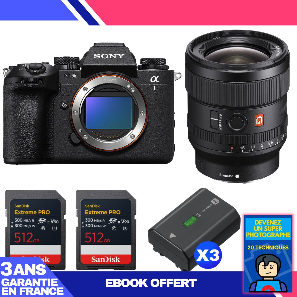 Sony Alpha 1 II Camera Body + FE 24mm f/1.4 GM Lens + 2 SanDisk 512GB Extreme PRO UHS-II SDXC Cards + 3 Sony NP-FZ100 Batteries + Ebook 'Become a Super Photographer'