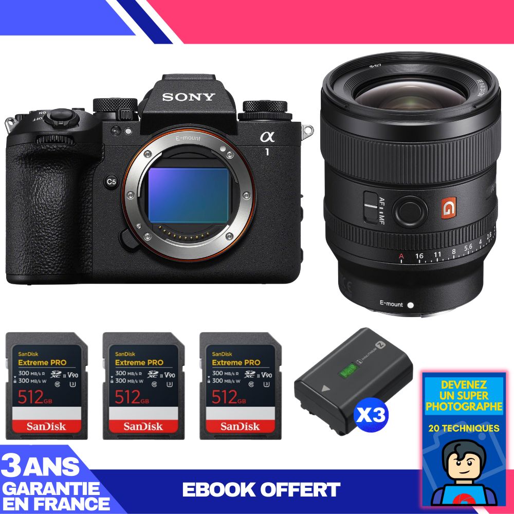 Sony Alpha 1 II Camera Body + FE 24mm f/1.4 GM Lens + 3 SanDisk 512GB Extreme PRO UHS-II SDXC Cards + 3 Sony NP-FZ100 Batteries + Ebook 'Become a Super Photographer'