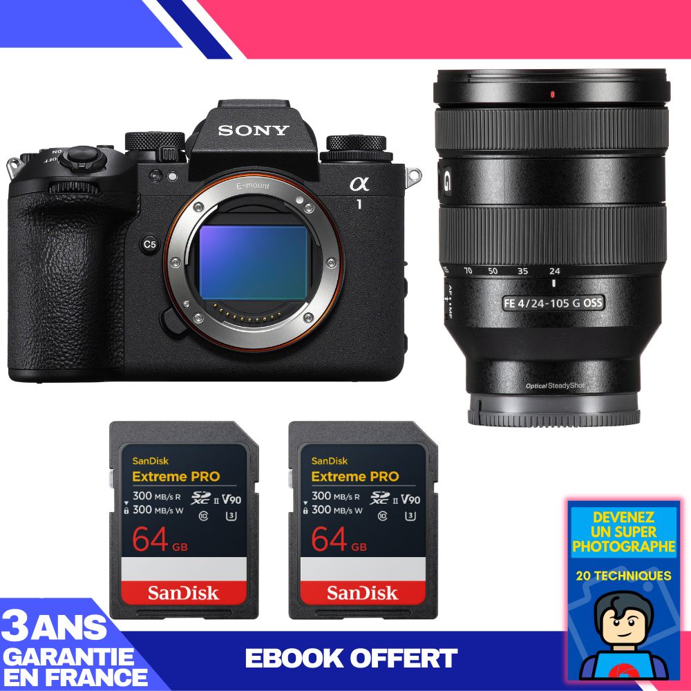 Cámara Sony Alpha 1 II + Lente FE 24-105mm f/4 G OSS + 2 Tarjetas SDXC SanDisk 64GB Extreme PRO UHS-II + Ebook 'Conviértete en un Fotógrafo de Superlativo'