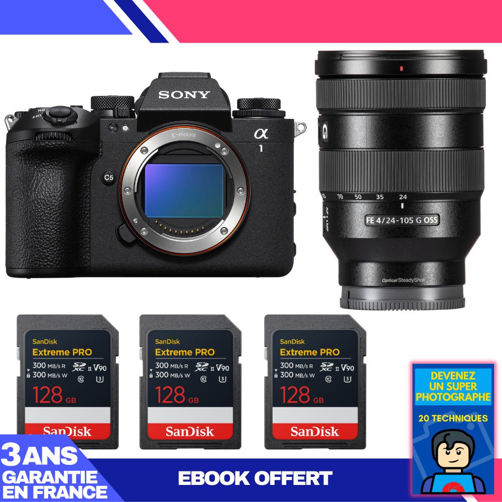 Cámara Sony Alpha 1 II + Lente FE 24-105mm f/4 G OSS + 3 Tarjetas de Memoria SanDisk 128GB Extreme PRO UHS-II + Ebook 'Conviértase en un Fotógrafo Super'