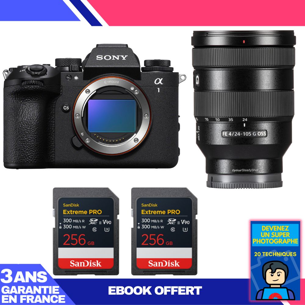 Boîtier Sony alpha 1 II + Objectif FE 24-105mm f/4 G OSS + 2 Cartes SDXC SanDisk 256Go Extreme PRO UHS-II + Ebook 'Devenez un photographe exceptionnel'