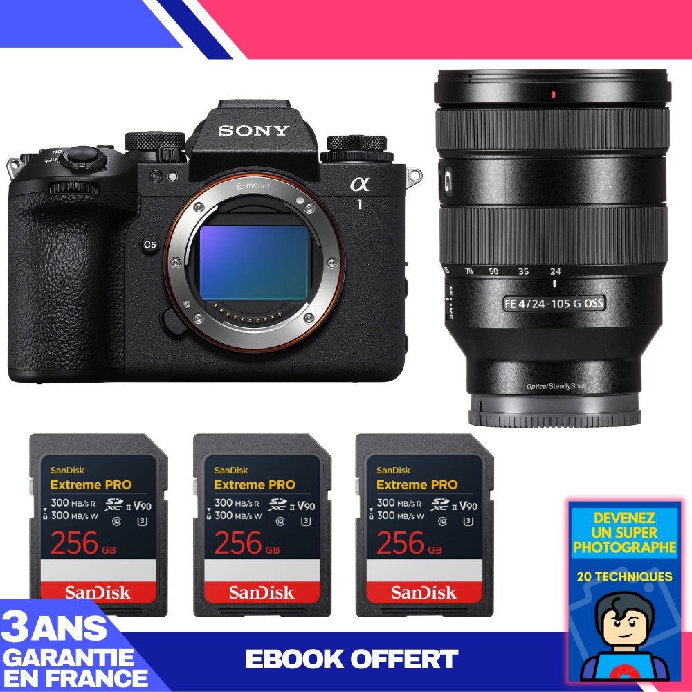 Boîtier Sony alpha 1 II + Objectif FE 24-105mm f/4 G OSS + 3 Cartes SanDisk 256Go Extreme PRO UHS-II SDXC