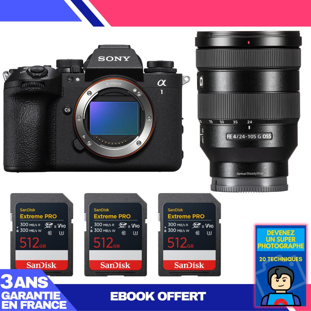Sony Alpha 1 II Camera Body + FE 24-105mm f/4 G OSS Lens + 3 SanDisk 512GB Extreme PRO UHS-II SDXC Cards + 'Become a Super Photographer' Ebook