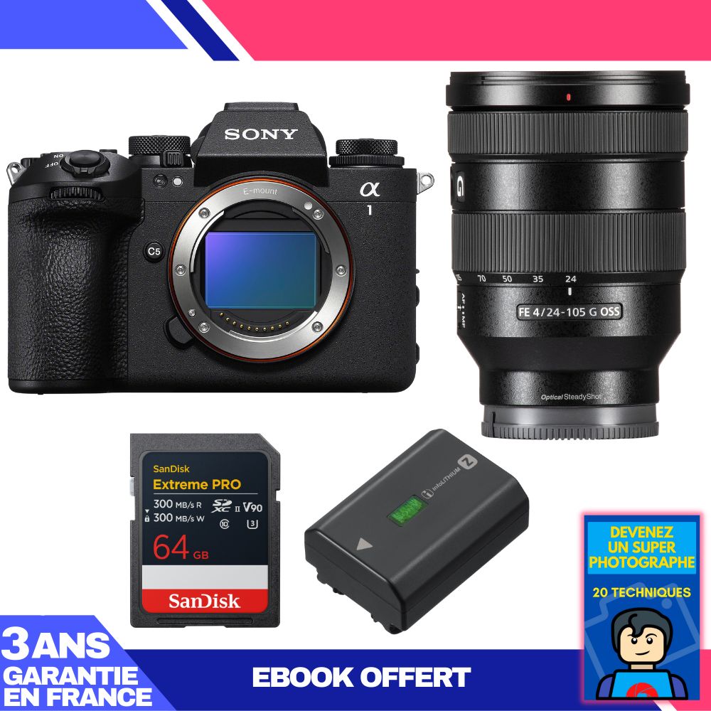 Boîtier Sony Alpha 1 II + Objectif FE 24-105mm f/4 G OSS + 1 Carte SanDisk 64Go Extreme PRO UHS-II SDXC + Batterie Sony NP-FZ100 + Ebook 'Devenez Un Super Photographe