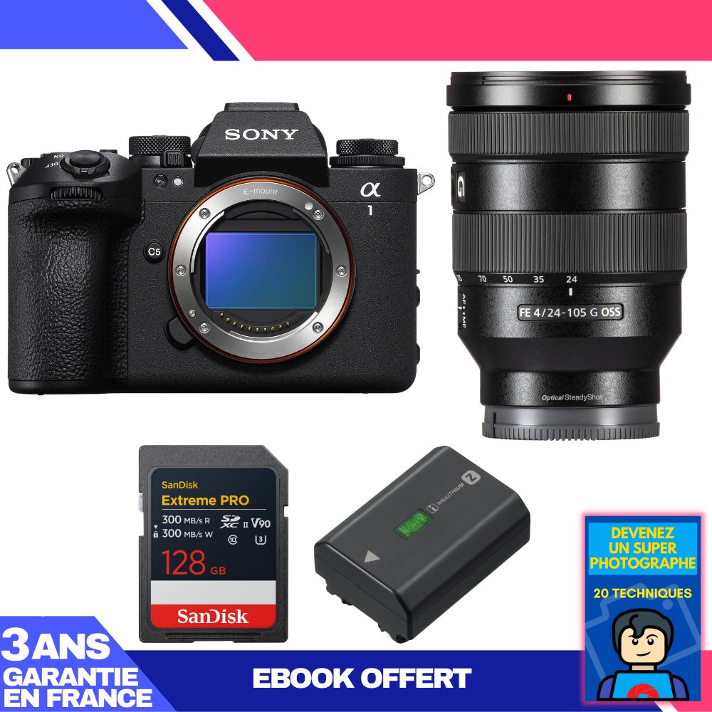 Boîtier Sony Alpha 1 II + Objectif FE 24-105mm f/4 G OSS + Carte SanDisk 128 Go Extreme PRO UHS-II SDXC + Batterie Sony NP-FZ100 + Ebook 'Devenez un Super Photographe