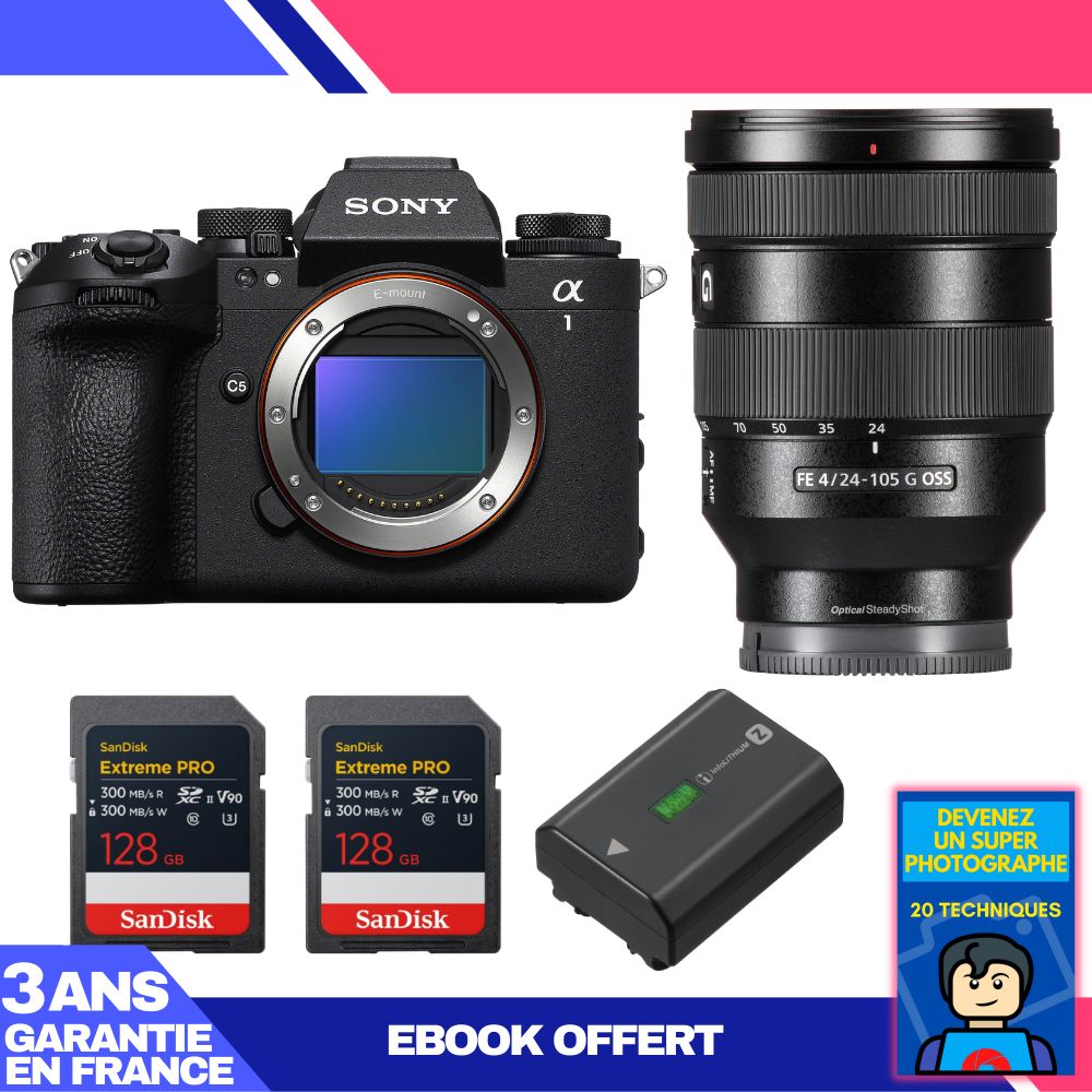 Appareil photo Sony Alpha 1 II + Objectif FE 24-105mm f/4 G OSS + 2 Cartes mémoire SanDisk 128 Go Extreme PRO UHS-II SDXC + Batterie Sony NP-FZ100 + Ebook 'Devenez un Super Photographe'