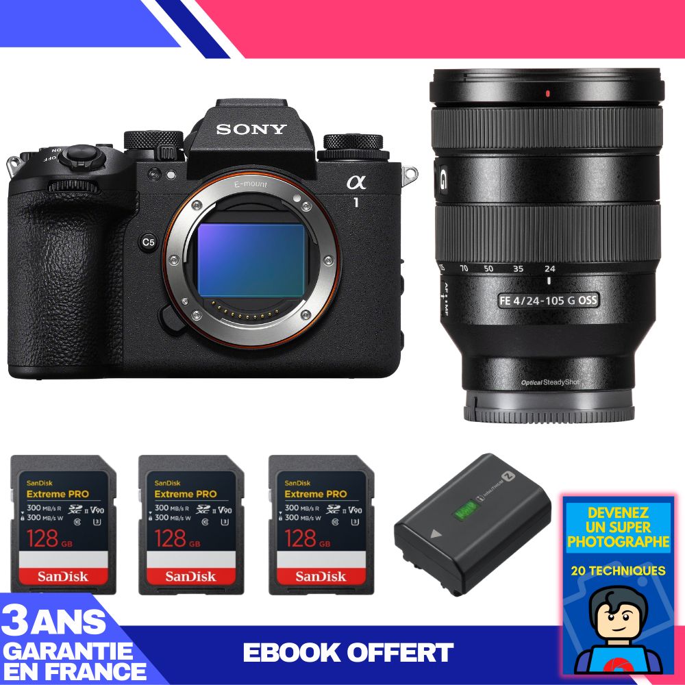 Cámara Sony Alpha 1 II cuerpo + Objetivo FE 24-105mm f/4 G OSS + 3 Tarjetas SanDisk 128GB Extreme PRO UHS-II SDXC + Batería Sony NP-FZ100 + Ebook 'Conviértete en un Superfotógrafo'