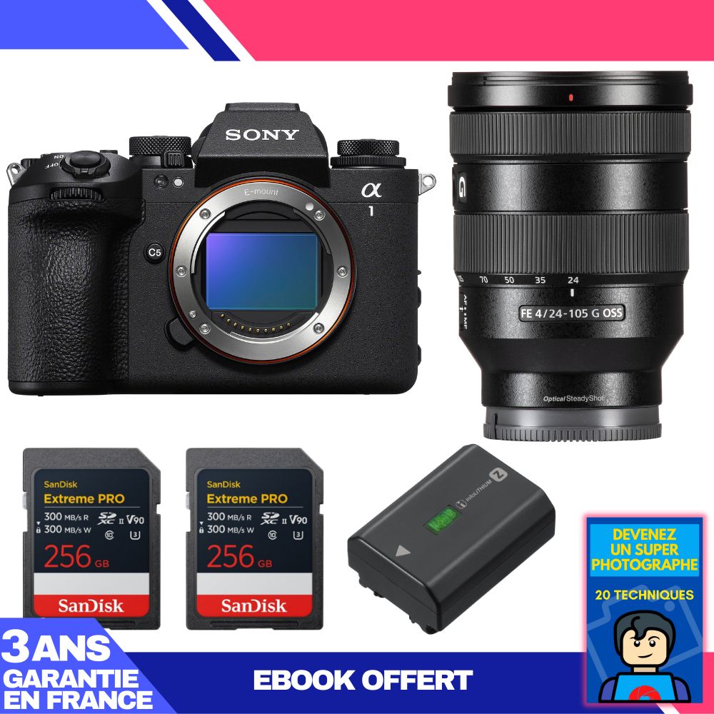 Boîtier Sony Alpha 1 II + Objectif FE 24-105mm f/4 G OSS + 2 Cartes SD SanDisk 256GB Extreme PRO UHS-II + Batterie Sony NP-FZ100 + Ebook 'Devenez un Photographe Super'