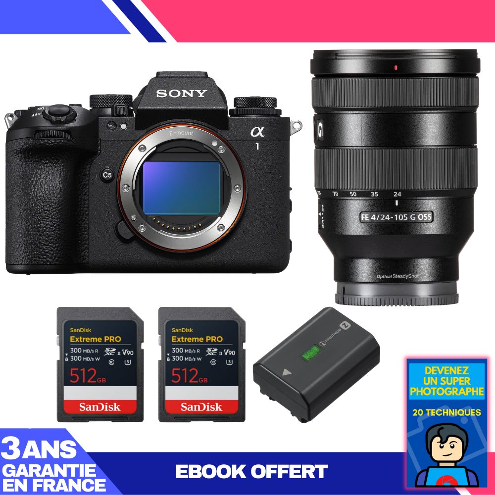 Boîtier Sony Alpha 1 II + Objectif FE 24-105mm f/4 G OSS + 2 Cartes SanDisk 512GB Extreme PRO UHS-II SDXC + Batterie Sony NP-FZ100 + Guide 'Devenez un Photographe Super' 