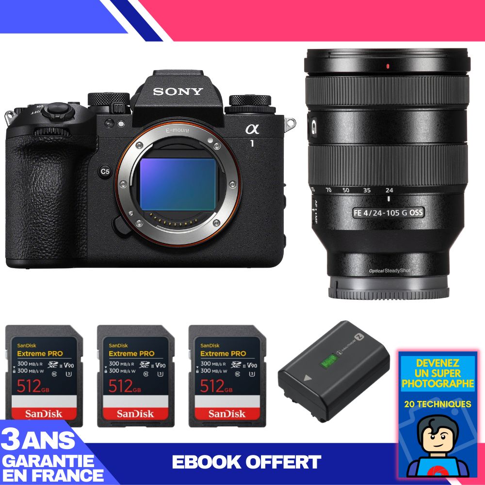 Cámara Sony Alpha 1 II + Lente FE 24-105mm f/4 G OSS + 3 Tarjetas SanDisk 512GB Extreme PRO UHS-II SDXC + Batería Sony NP-FZ100 + Libro 'Conviértete en un Fotógrafo Super'