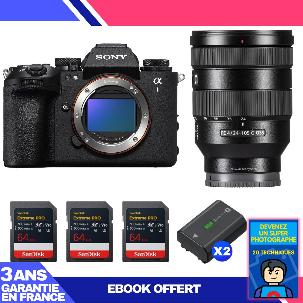 Cámara Sony Alpha 1 II Cuerpo + Objetivo FE 24-105mm f/4 G OSS + 3 Tarjetas SD SanDisk 64GB Extreme PRO UHS-II + 2 Baterías Sony NP-FZ100 + Ebook 'Conviértete en un Fotógrafo Super