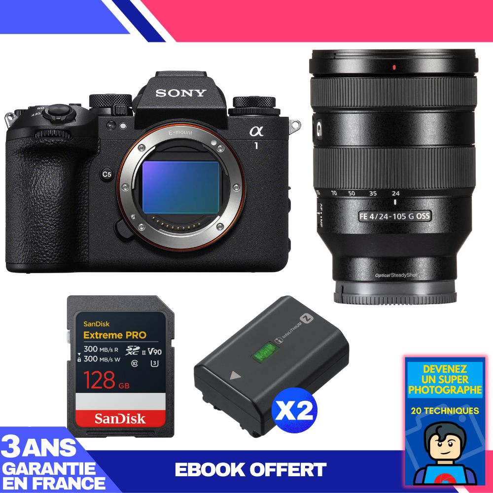 Cámara Sony Alpha 1 II + Lente FE 24-105mm f/4 G OSS + 1 Tarjeta SanDisk 128GB Extreme PRO UHS-II SDXC + 2 Baterías Sony NP-FZ100 + Ebook 'Conviértete en un Super Fotógrafo