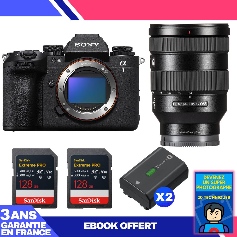 Cámara Sony Alpha 1 II + Lente FE 24-105mm f/4 G OSS + 2 Tarjetas SDXC SanDisk 128GB Extreme PRO UHS-II + 2 Baterías NP-FZ100 Sony + Ebook 'Conviértete en un Fotógrafo Super'