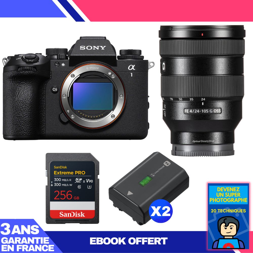 Boîtier Sony Alpha 1 II + Objectif FE 24-105mm f/4 G OSS + Carte SDXC SanDisk 256Go Extreme PRO UHS-II + 2 Batteries Sony NP-FZ100 + Ebook 'Devenez un Photographe Super'