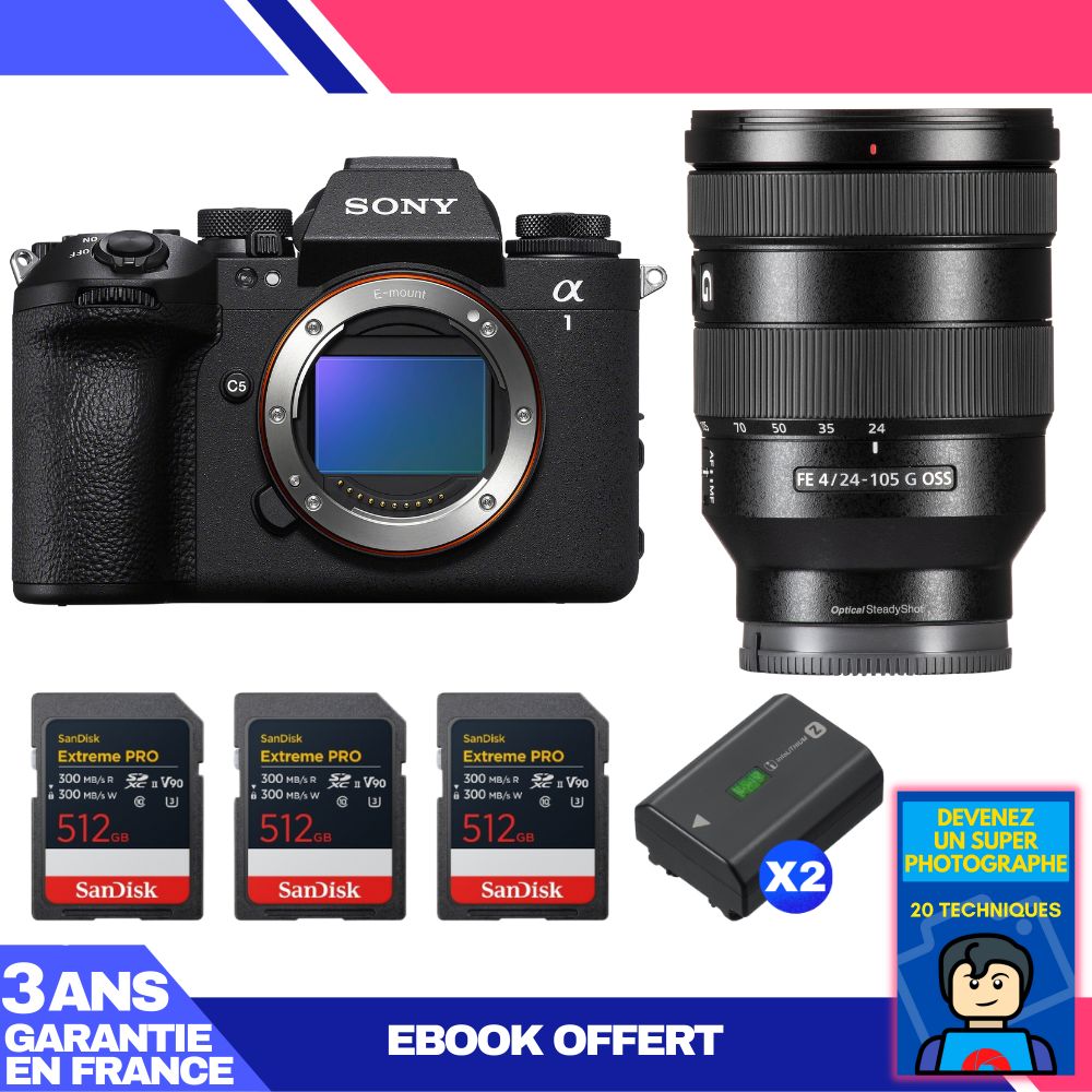 Sony Alpha 1 II Camera Body + FE 24-105mm f/4 G OSS Lens + 3 SanDisk 512GB Extreme PRO UHS-II SDXC Cards + 2 Sony NP-FZ100 Batteries + 'Become a Super Photographer Ebook