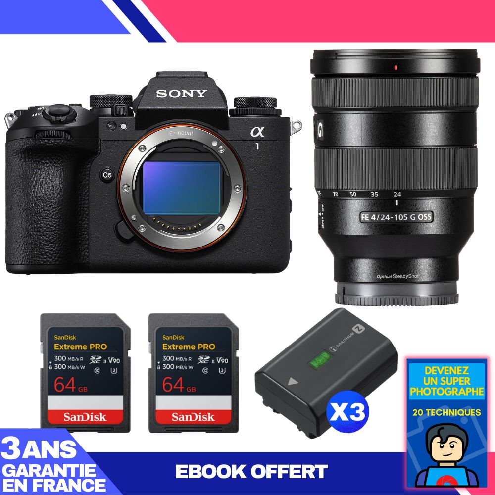 Cámara Sony Alpha 1 II + Lente FE 24-105mm f/4 G OSS + 2 Tarjetas SanDisk 64GB Extreme PRO UHS-II SDXC + 3 Baterías Sony NP-FZ100 + Ebook 'Conviértete en un Fotógrafo Super'
