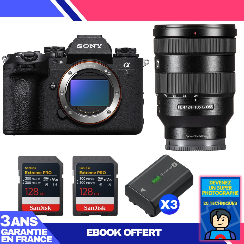 Cámara Sony Alpha 1 II + Objetivo FE 24-105mm f/4 G OSS + 2 Tarjetas SD SanDisk 128GB Extreme PRO UHS-II + 3 Baterías Sony NP-FZ100 + Ebook 'Conviértete en un Fotógrafo de Superlativa Calidad'