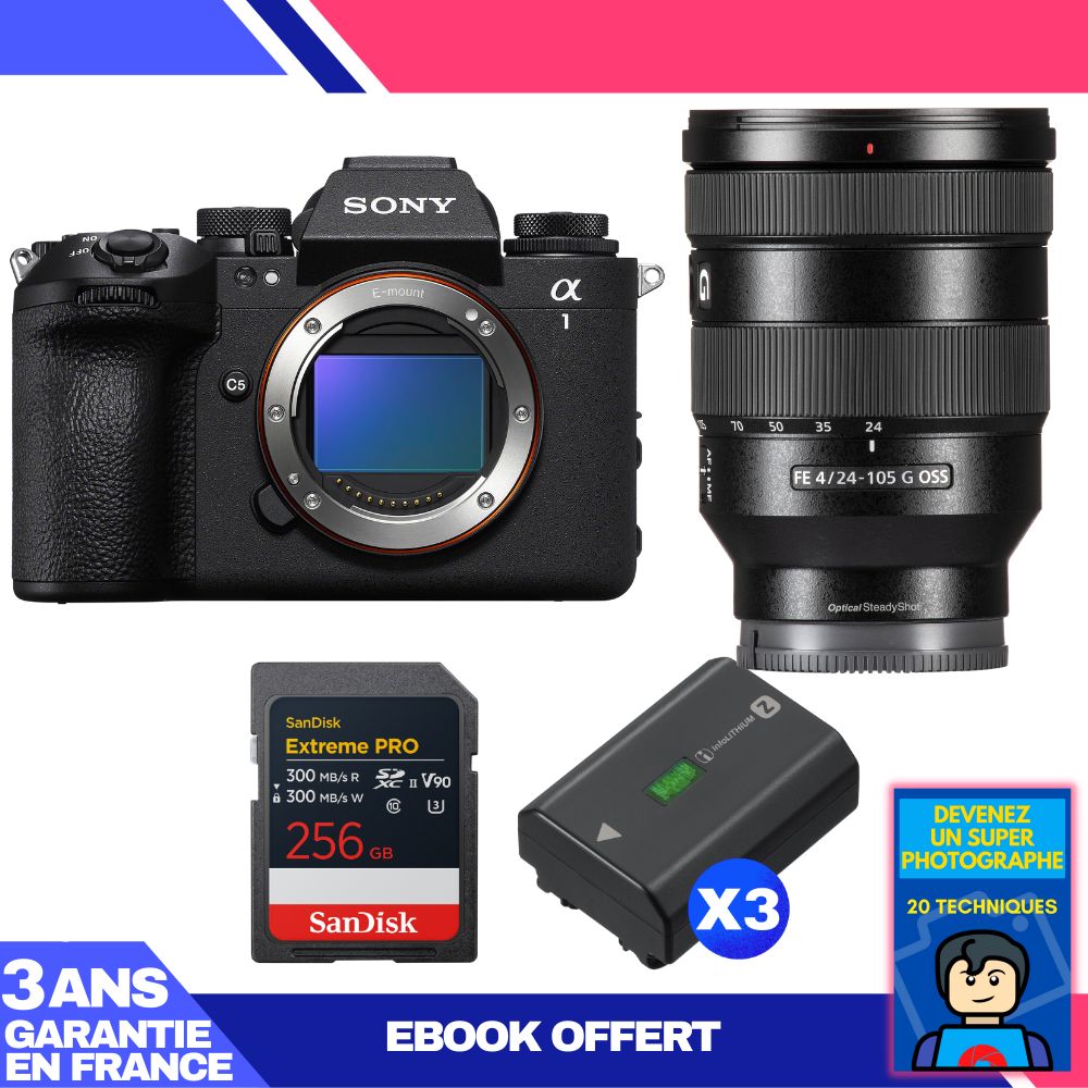 Boîtier Sony Alpha 1 II + Objectif FE 24-105mm f/4 G OSS + 1 Carte SanDisk 256GB Extreme PRO UHS-II SDXC + 3 Batteries Sony NP-FZ100 + Ebook 'Devenez Un Super Photographe'