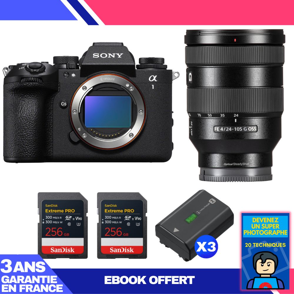 Boîtier Sony Alpha 1 II + Objectif FE 24-105mm f/4 G OSS + 2 Cartes SanDisk 256GB Extreme PRO UHS-II SDXC + 3 Batteries Sony NP-FZ100 + Ebook 'Devenez un Photographe Super'