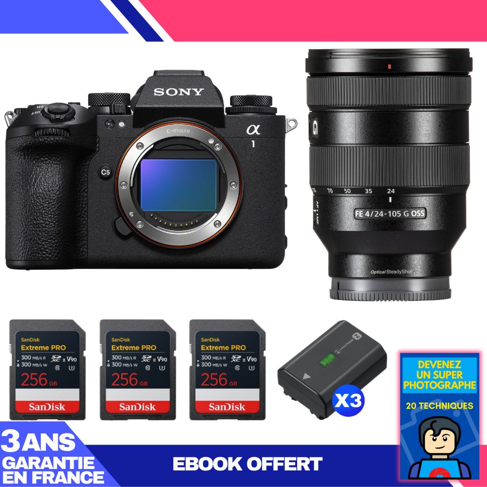 Sony Alpha 1 II Camera Body + FE 24-105mm f/4 G OSS Lens + 3 SanDisk 256GB Extreme PRO UHS-II SDXC Cards + 3 Sony NP-FZ100 Batteries + Ebook 'Become a Super Photographer'