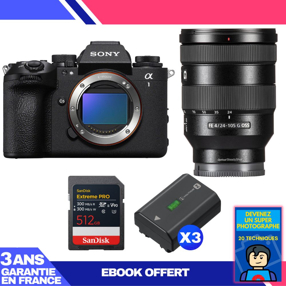 Sony Alpha 1 II Camera Body + FE 24-105mm f/4 G OSS Lens + 1 SanDisk 512GB Extreme PRO UHS-II SDXC Card + 3 Sony NP-FZ100 Batteries + 'Become a Super Photographer' Ebook