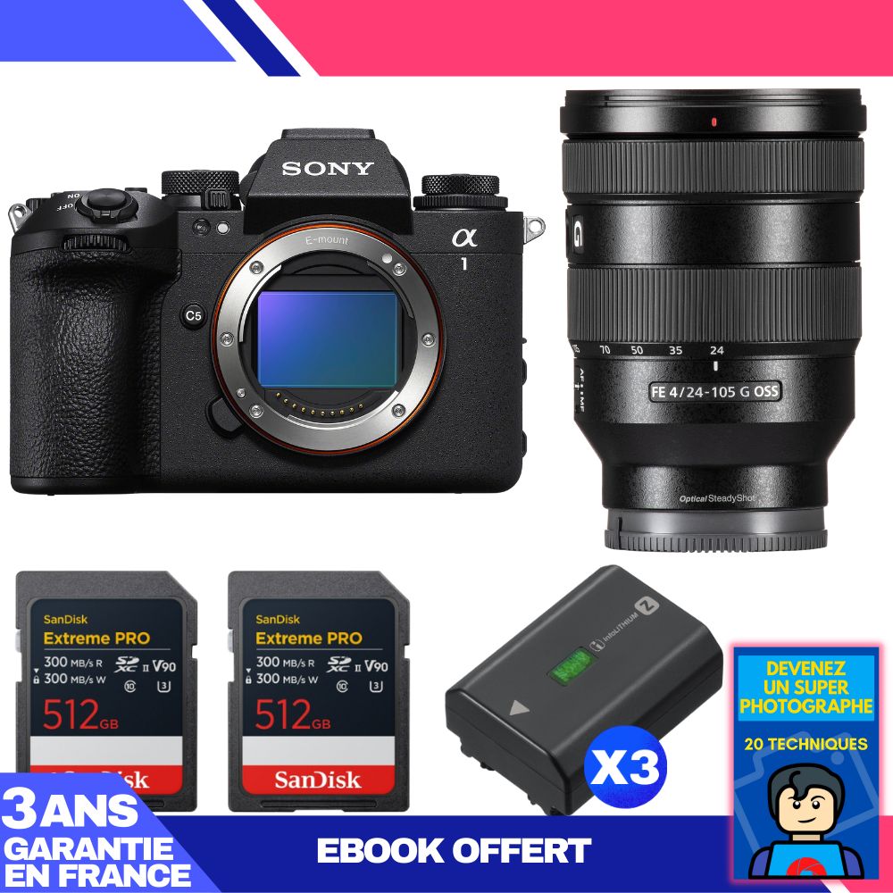 Sony Alpha 1 II Camera Body + FE 24-105mm f/4 G OSS Lens + 2 SanDisk 512GB Extreme PRO UHS-II SDXC Cards + 3 Sony NP-FZ100 Batteries + Ebook 'Become a Super Photographer'