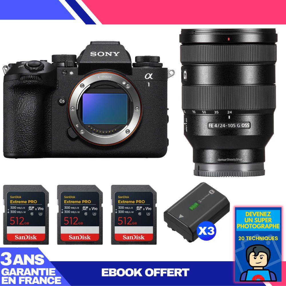 Sony Alpha 1 II Camera Body + FE 24-105mm f/4 G OSS Lens + 3 SanDisk 512GB Extreme PRO UHS-II SDXC Cards + 3 Sony NP-FZ100 Batteries + 'Become a Super Photographer' Ebook