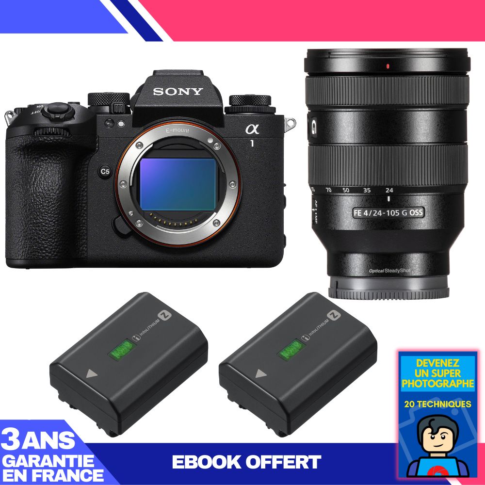 Boîtier Sony alpha 1 II + Objectif FE 24-105mm f/4 G OSS + 2 Batteries NP-FZ100 + Livre numérique : Devenez un photographe exceptionnel