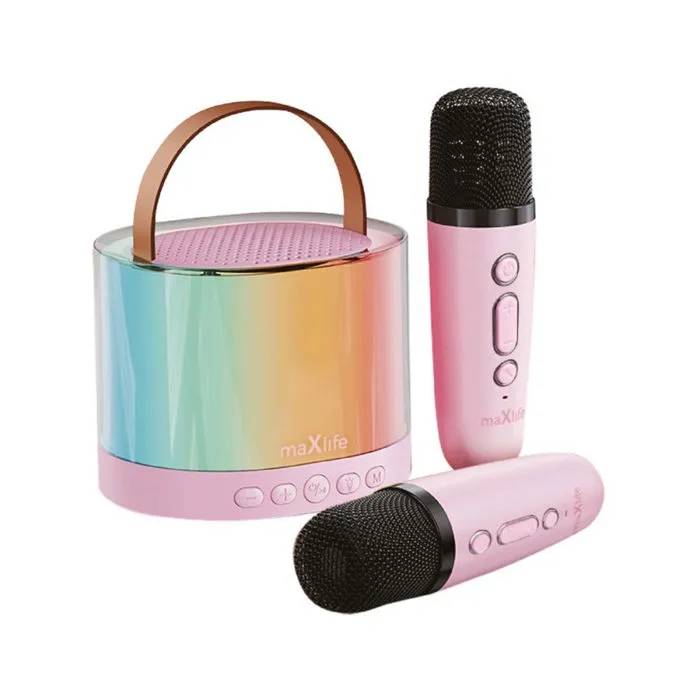 Altavoces de Karaoke Bluetooth Portátiles Maxlife de 5W con 2 Micrófonos Inalámbricos y Iluminación brillante - Rosa