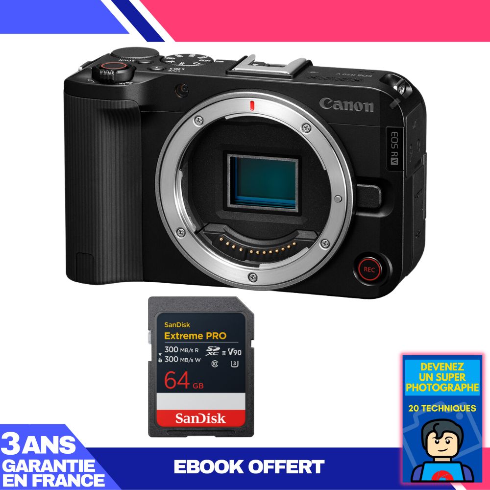 Appareil photo Canon EOS R50 V + 1x carte mémoire SanDisk Extreme PRO UHS-II SDXC 64 Go + ebook 'Devenez un photographe super'
