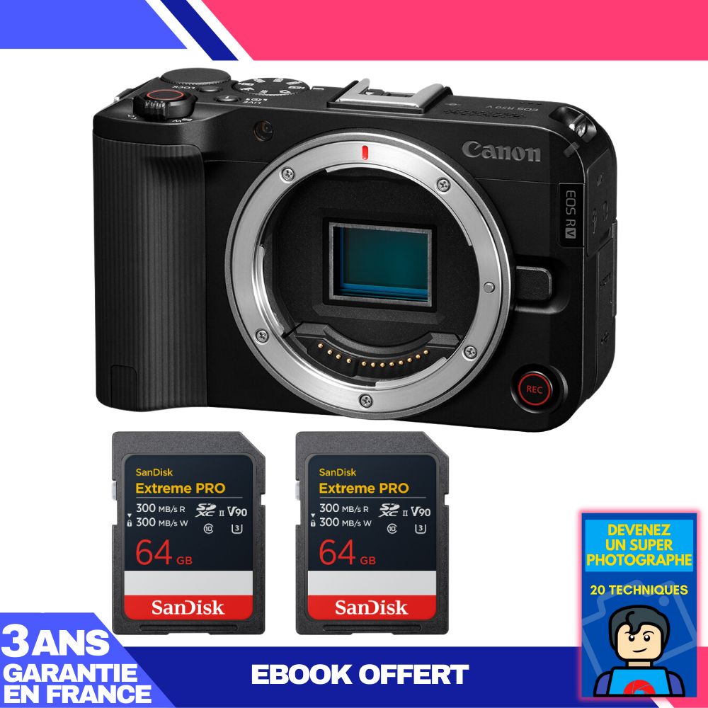 Boîtier Canon EOS R50 V + 2 cartes SanDisk 64Go Extreme PRO UHS-II SDXC + ebook 'Devenez un photographe exceptionnel'