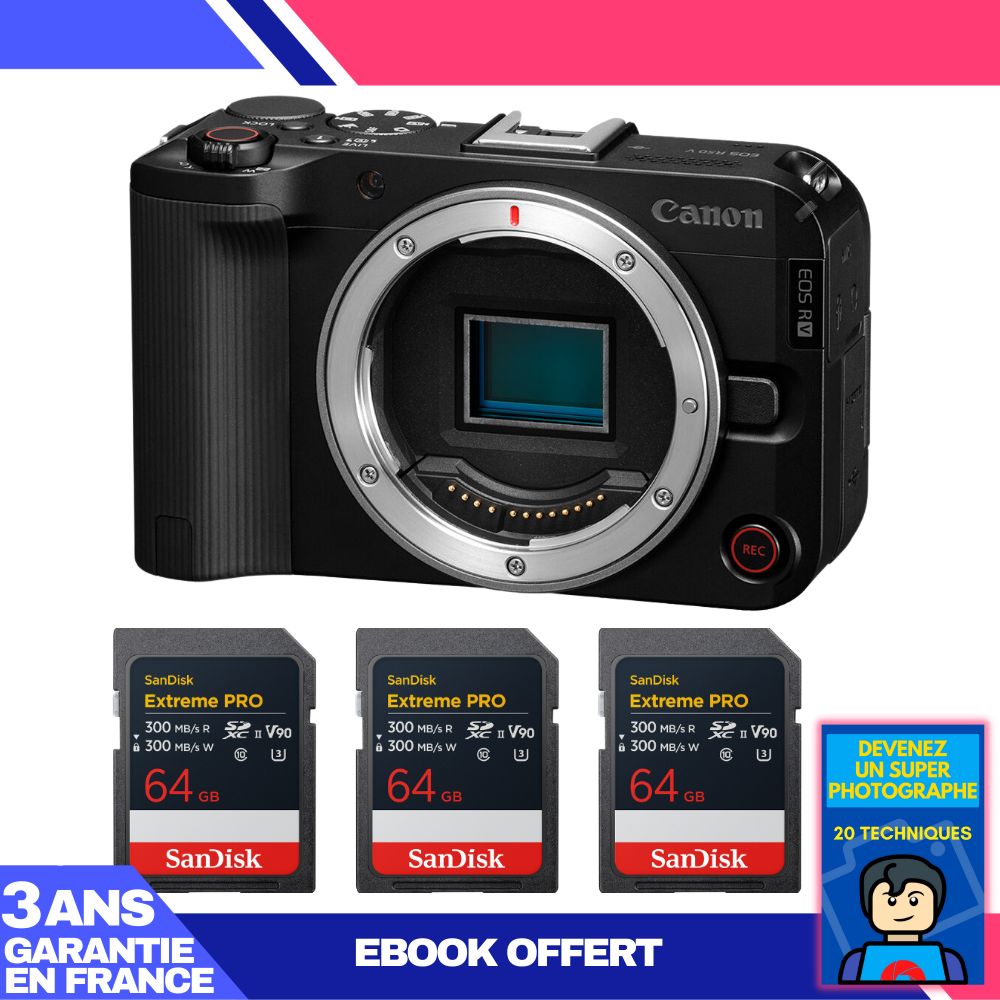 Canon EOS R50 V + 3 tarjetas de memoria SanDisk 64GB Extreme PRO UHS-II SDXC + ebook 'Conviértete en un fotógrafo maestro'