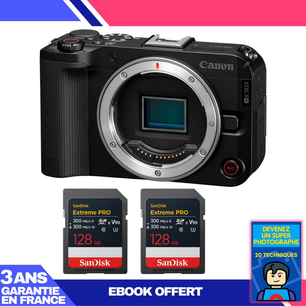 Canon EOS R50 V + 2 tarjetas de memoria SanDisk 128GB Extreme PRO UHS-II SDXC + ebook 'Conviértete en un fotógrafo super'