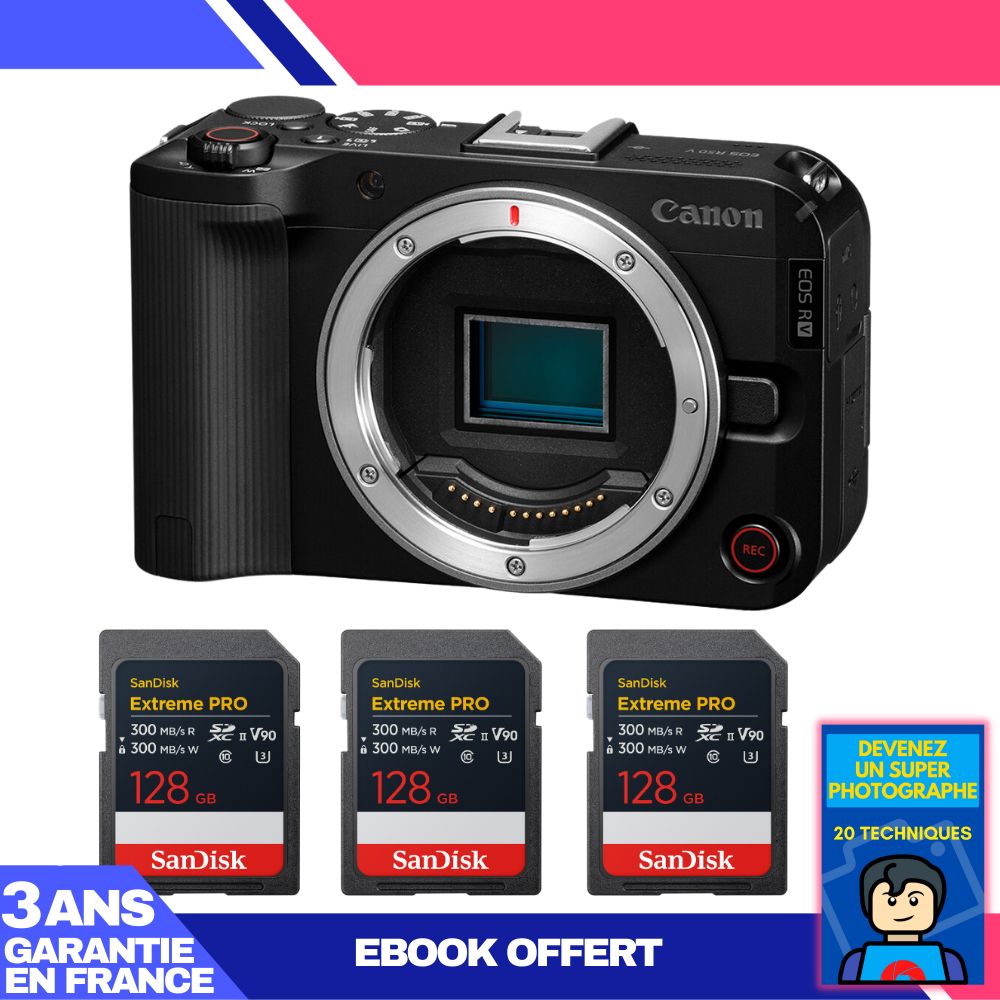 Cámaras Canon EOS R50 V + 3 tarjetas de memoria SanDisk 128GB Extreme PRO UHS-II SDXC + ebook 'Conviértete en un fotógrafo experto