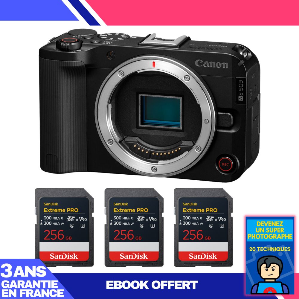 Canon EOS R50 V + 3 tarjetas de memoria SanDisk 256GB Extreme PRO UHS-II SDXC + libro electrónico 'Conviértete en un fotógrafo súper'