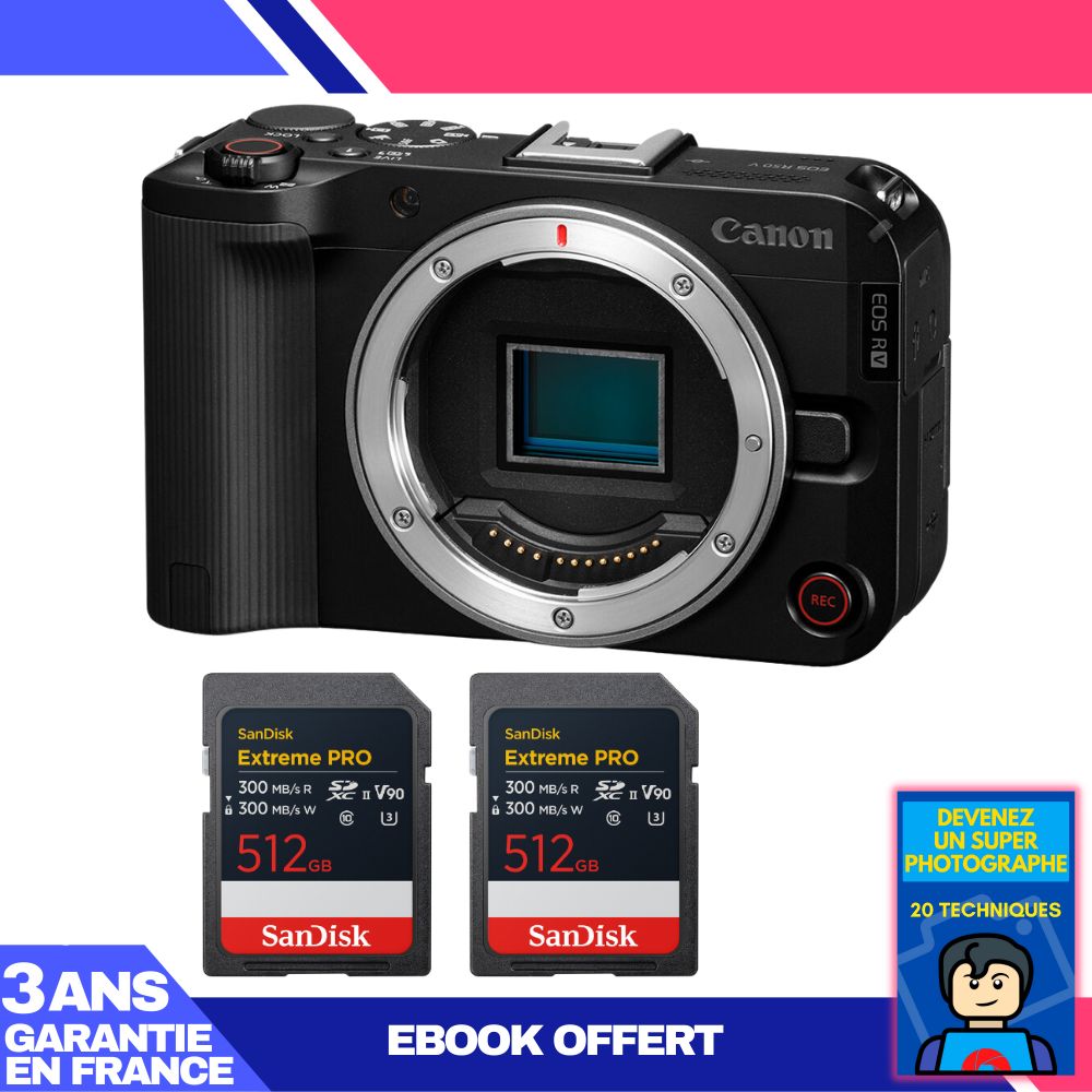 Canon EOS R50 V + 2 cartes SanDisk 512 Go Extreme PRO UHS-II SDXC + ebook 'Devenez un photographe exceptionnel'