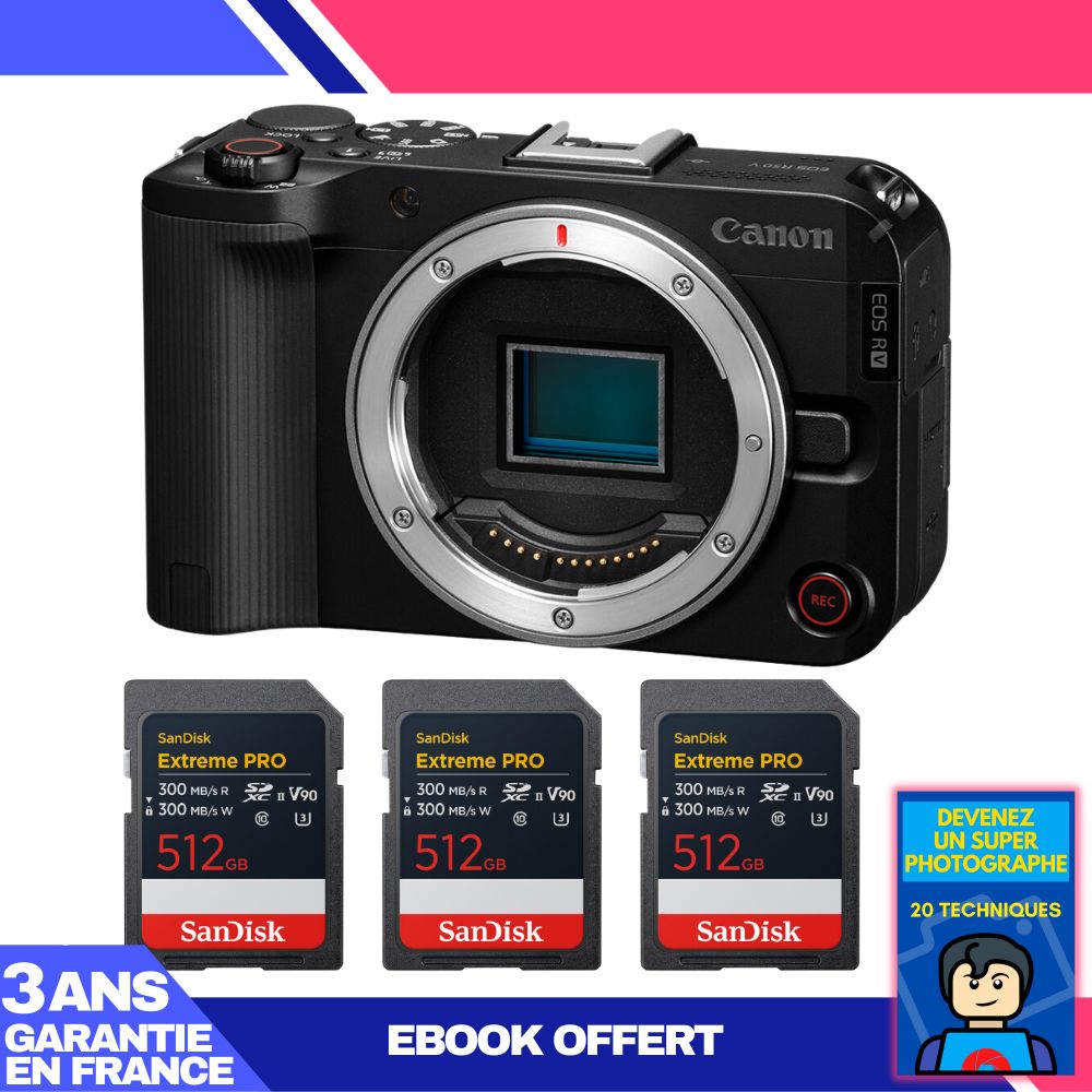 Canon EOS R50 V + 3 cartes SanDisk 512 Go Extreme PRO UHS-II SDXC + ebook 'Devenez un photographe exceptionnel'