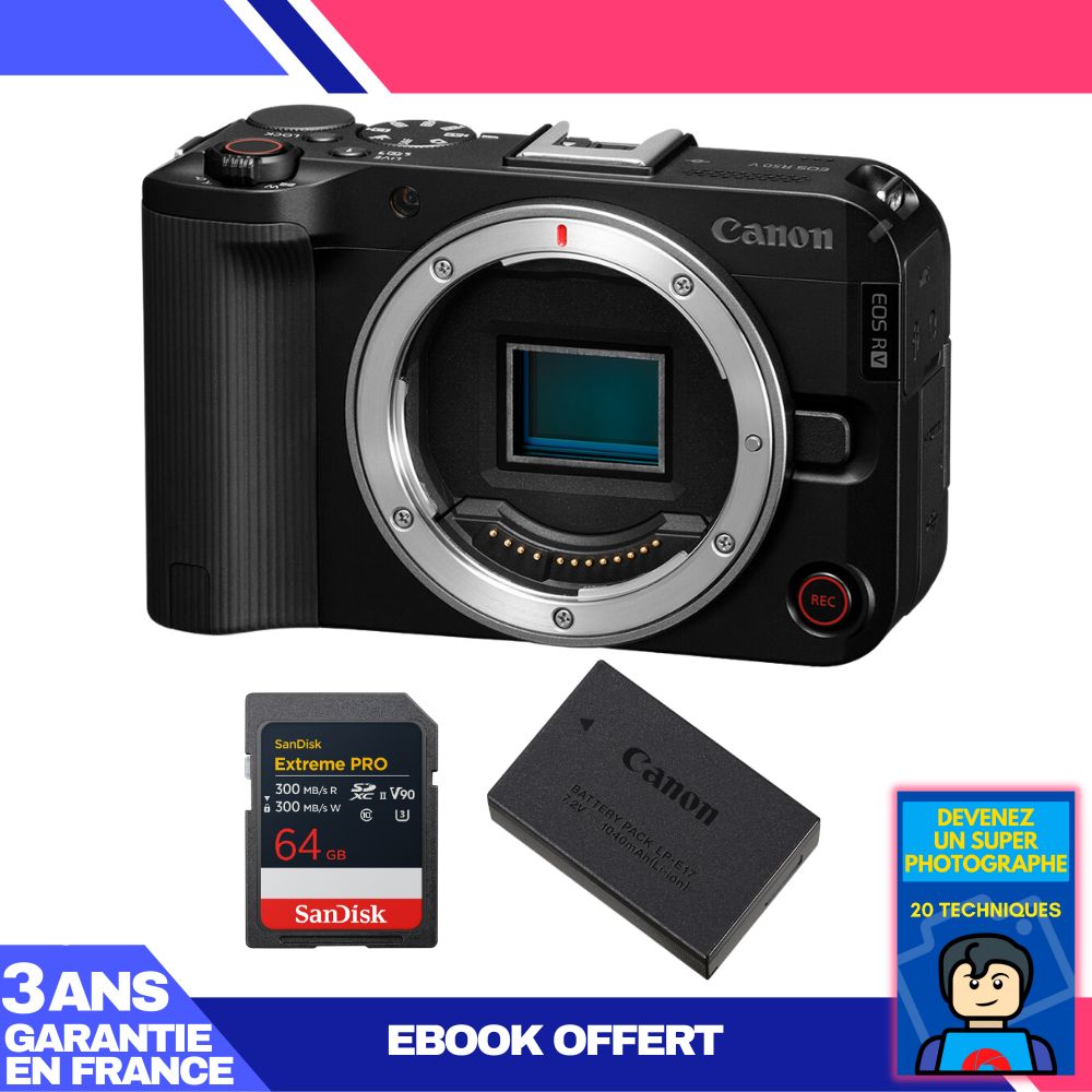 Canon EOS R50 V + 1 SanDisk 64GB Extreme PRO UHS-II SDXC Card + Canon LP-E17 Battery + Ebook 'Become a Super Photographer'