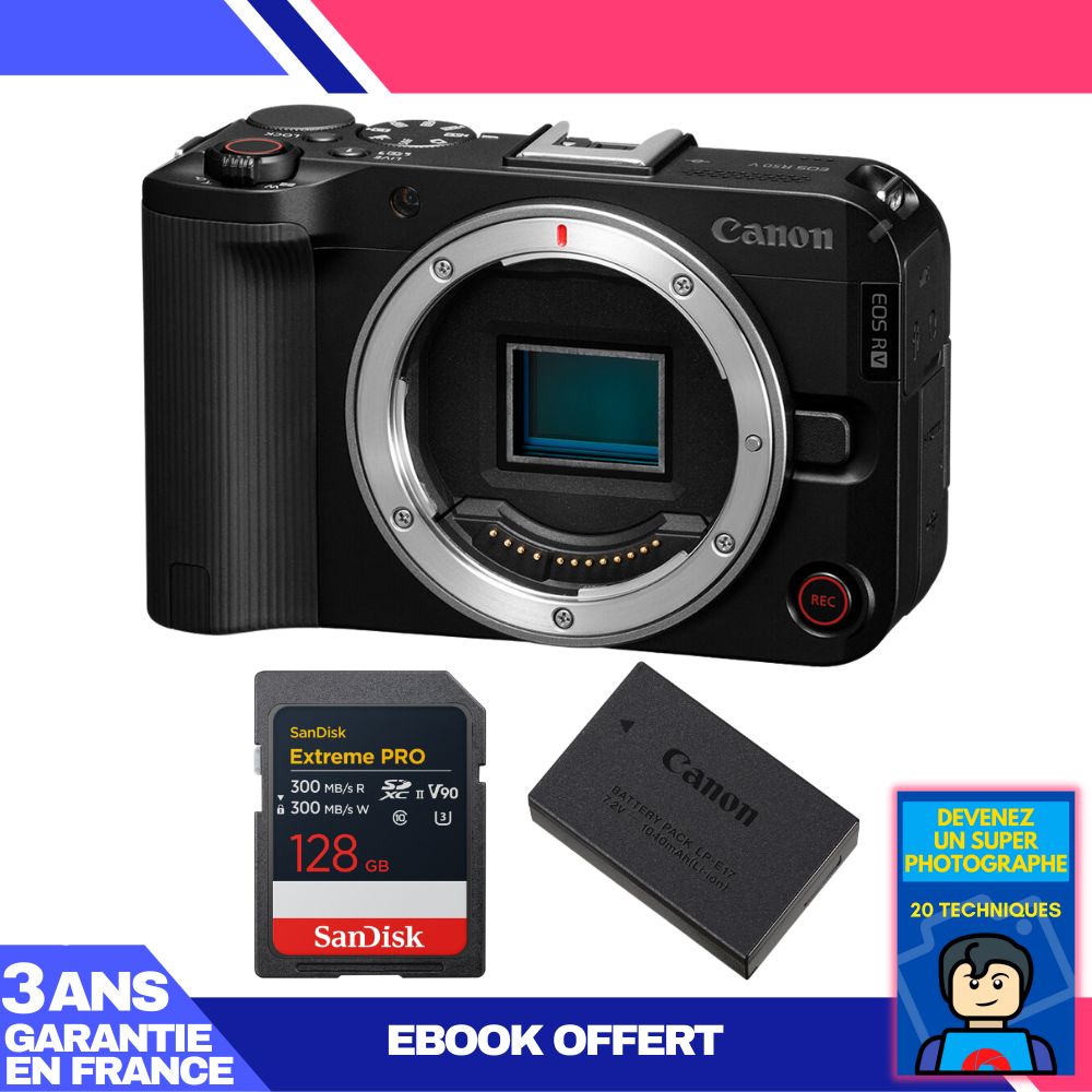 Canon EOS R50 V + 1 SanDisk 128GB Extreme PRO UHS-II SDXC Card + Canon LP-E17 Battery + 'Become a Super Photographer' Ebook