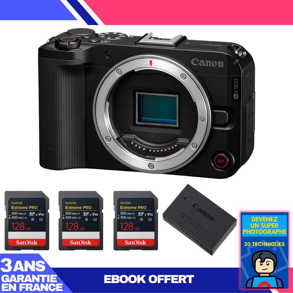 Canon EOS R50 V + 3 SanDisk 128GB Extreme PRO UHS-II SDXC Card + Canon LP-E17 Battery + Ebook 'Become a Super Photographer'